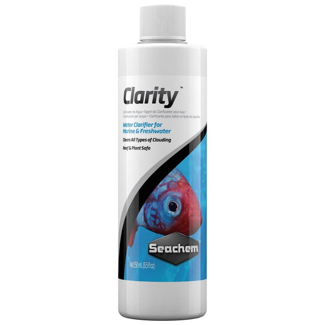 Seachem Clarity water clarifier bottle for marine and freshwater, clears clouding, reef and plant-safe formula.