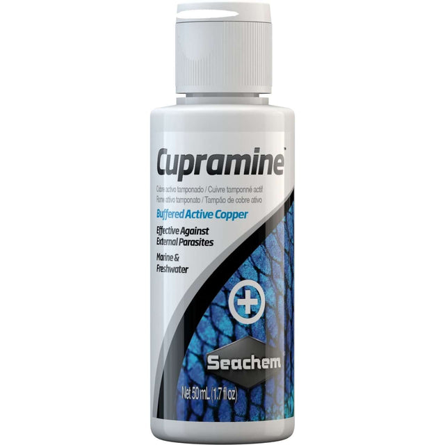 Seachem Cupramine 50ml bottle for treating external parasites in marine and freshwater fish. Buffered active copper formula.