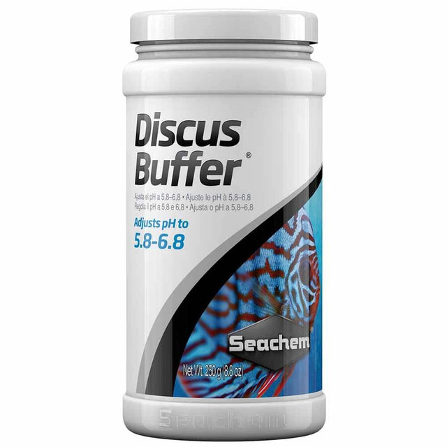 Seachem Discus Buffer container adjusts pH to 5.8-6.8 for optimal Discus fish environment.
