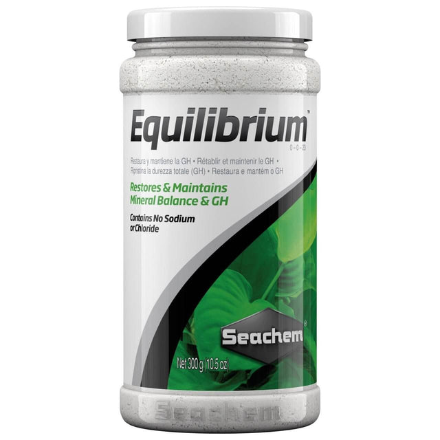 Seachem Equilibrium 300g product container, restores mineral balance and GH, contains no sodium or chloride.