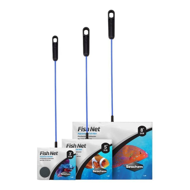 Seachem Fish Nets in various sizes, featuring sturdy handles and packaging for freshwater and saltwater aquariums.