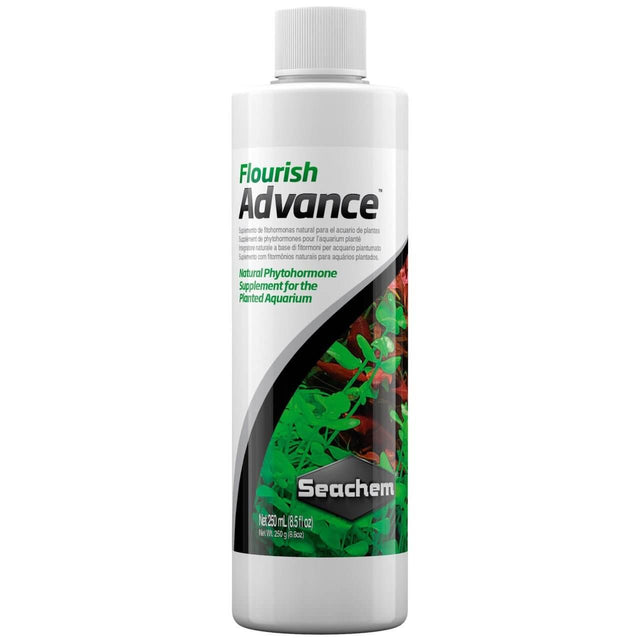 Seachem Flourish Advance natural phytohormone supplement for planted aquariums, enhances plant growth and nutrient absorption.
