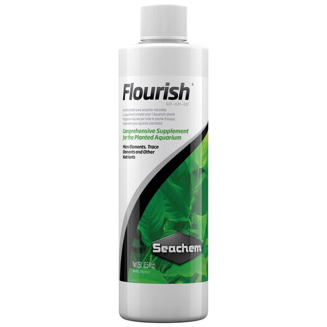 Seachem Flourish comprehensive plant supplement for aquariums, providing essential microelements and nutrients.