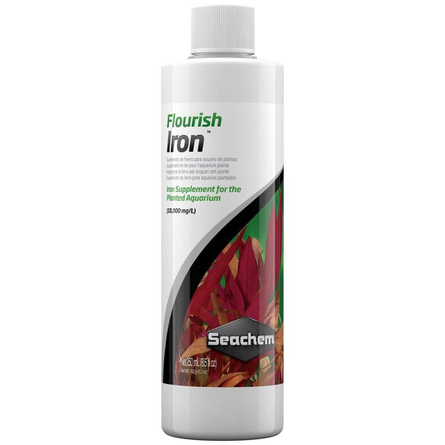 Seachem Flourish Iron bottle, a concentrated ferrous gluconate iron supplement for planted aquariums (10,000 mg/L).