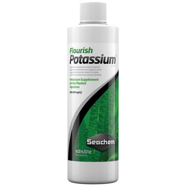 Seachem Flourish Potassium supplement for planted aquariums, providing 50,000 mg/L of potassium without nitrates or phosphates.