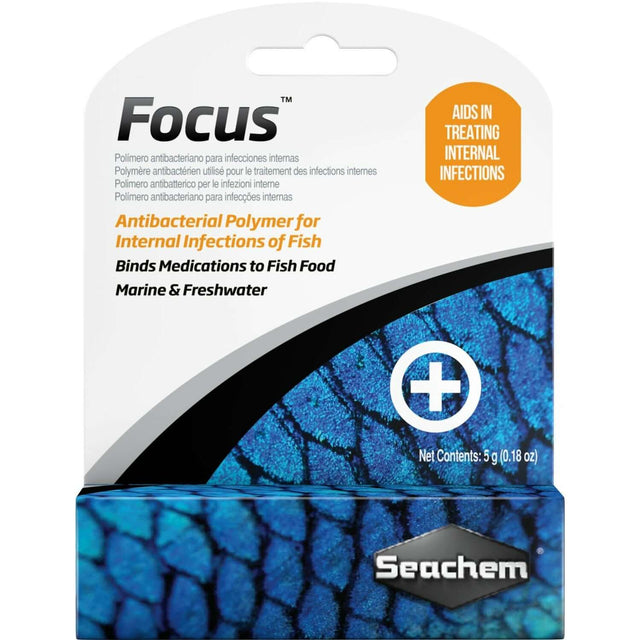 Seachem Focus 5g antibacterial polymer for treating internal infections in fish, suitable for marine and freshwater use.