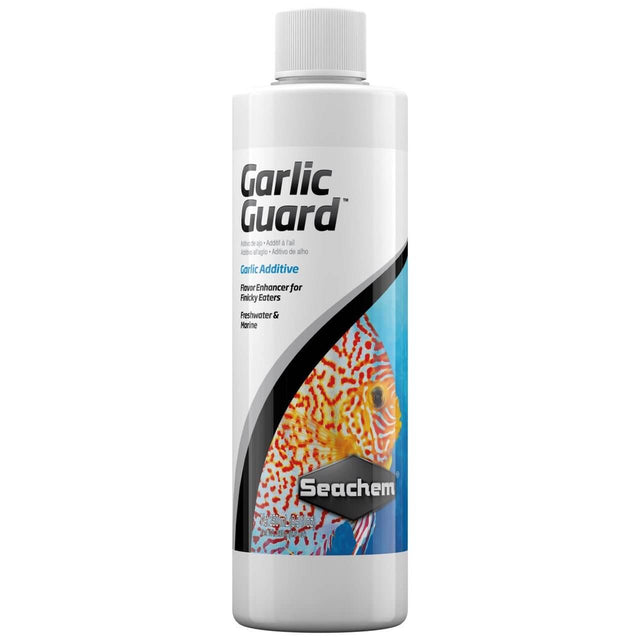 Seachem Garlic Guard bottle, a garlic-scented flavor enhancer for freshwater and marine fish, attracting picky eaters.