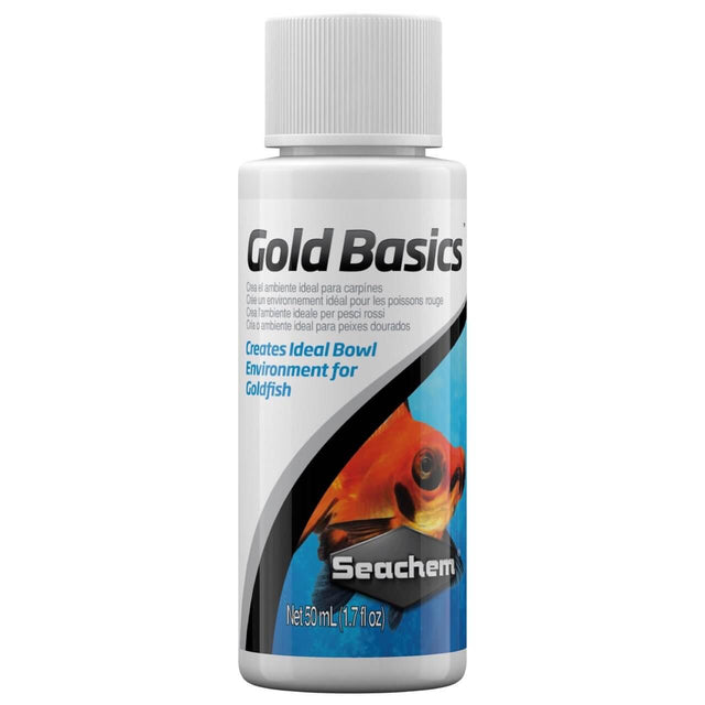 Seachem Gold Basics 50 mL bottle for creating ideal bowl environment for goldfish, detoxifies ammonia and buffers to pH 7.0.
