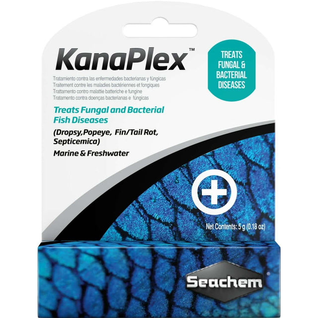 Seachem KanaPlex 5g packaging for treating fungal and bacterial fish diseases like dropsy and fin rot.