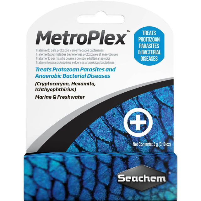 Seachem Metroplex 5g packaging for treating protozoan parasites and bacterial diseases in freshwater and marine aquariums.