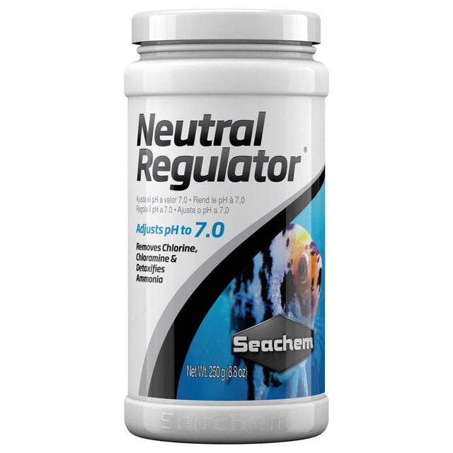 Seachem Neutral Regulator container, adjusts pH to 7.0, removes chlorine and ammonia, softens water for aquariums.