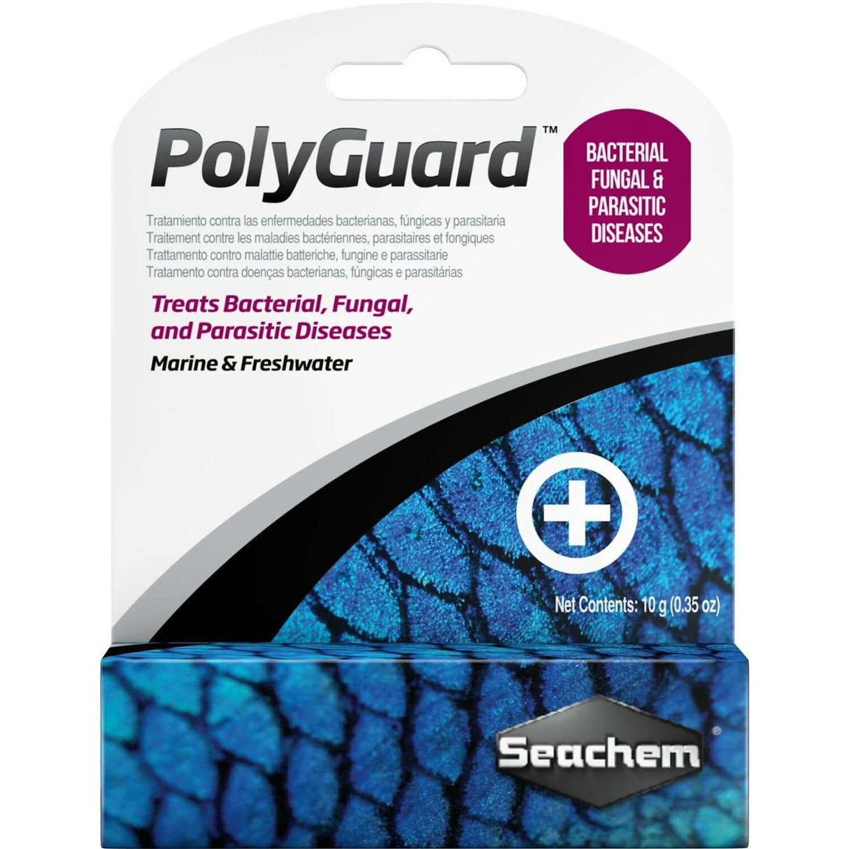 Seachem PolyGuard 10g packaging for treating bacterial, fungal, and parasitic diseases in freshwater fish.