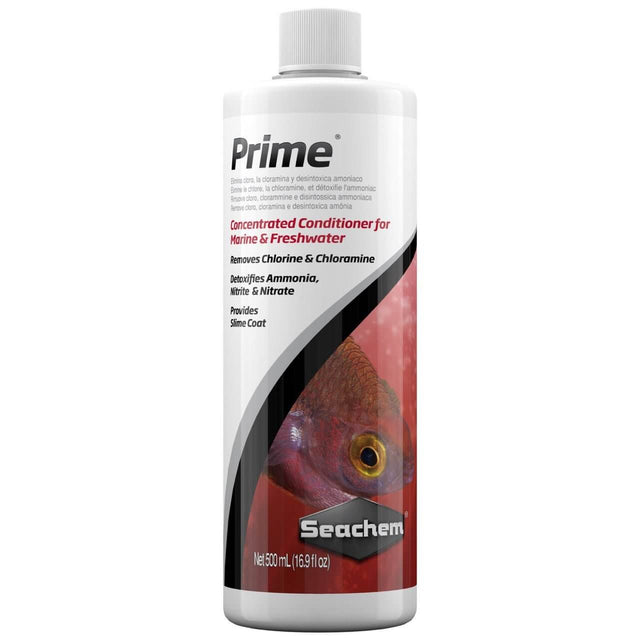 Seachem Prime water conditioner for fresh and saltwater, detoxifies ammonia, removes chlorine and chloramine in 500 mL bottle.