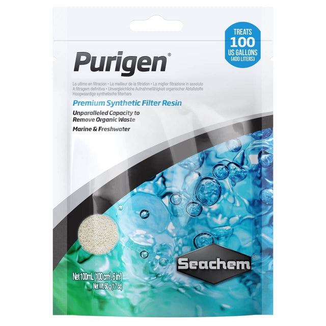 Seachem Purigen filter resin packaging for organic waste removal in marine and freshwater aquariums.