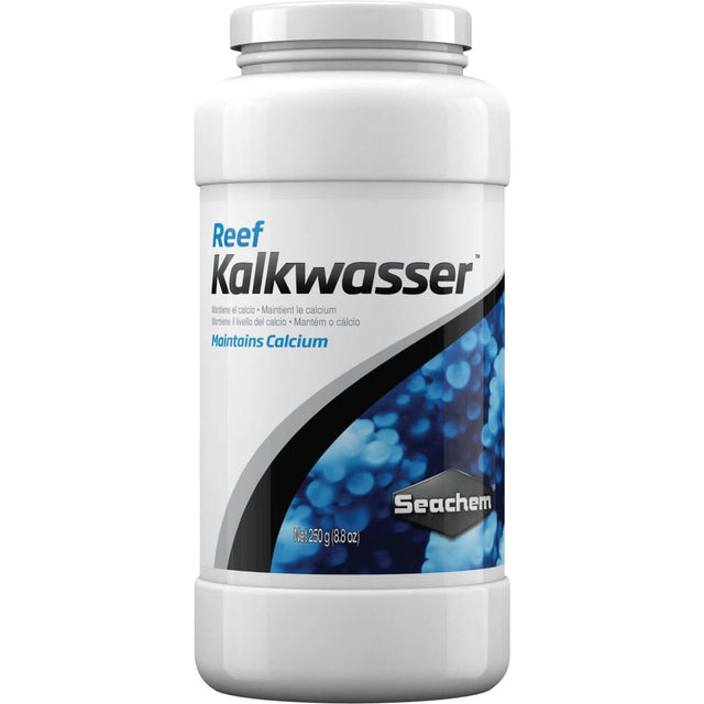 Seachem Reef Kalkwasser container for maintaining calcium levels in aquariums, 250g, pure calcium hydroxide solution.