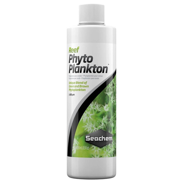 Seachem Reef Phytoplankton bottle featuring a blend of green and brown marine phytoplankton, nutrient-rich for invertebrates.