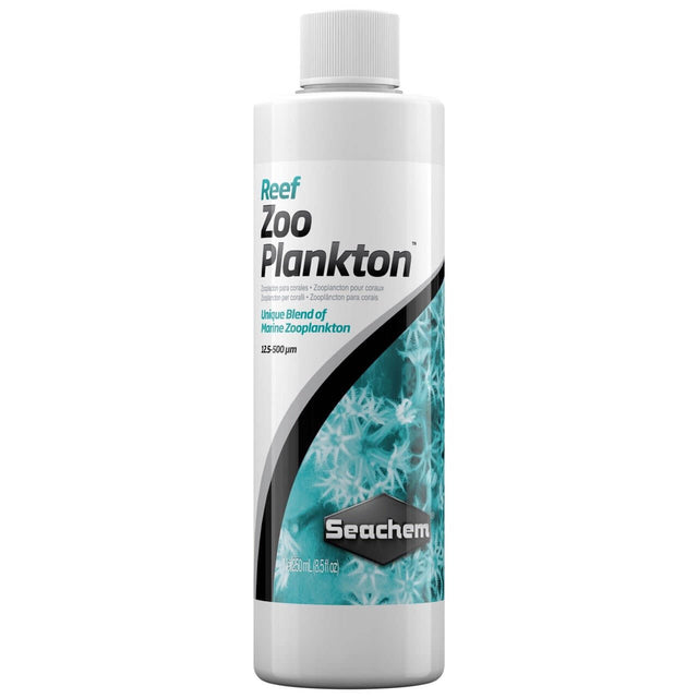 Seachem Reef Zooplankton bottle, concentrated marine zooplankton blend 12.5-500 μm for coral growth and nutrition.