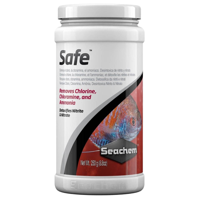 Seachem Safe product container for removing chlorine, chloramine, ammonia, and detoxifying nitrite and nitrate.