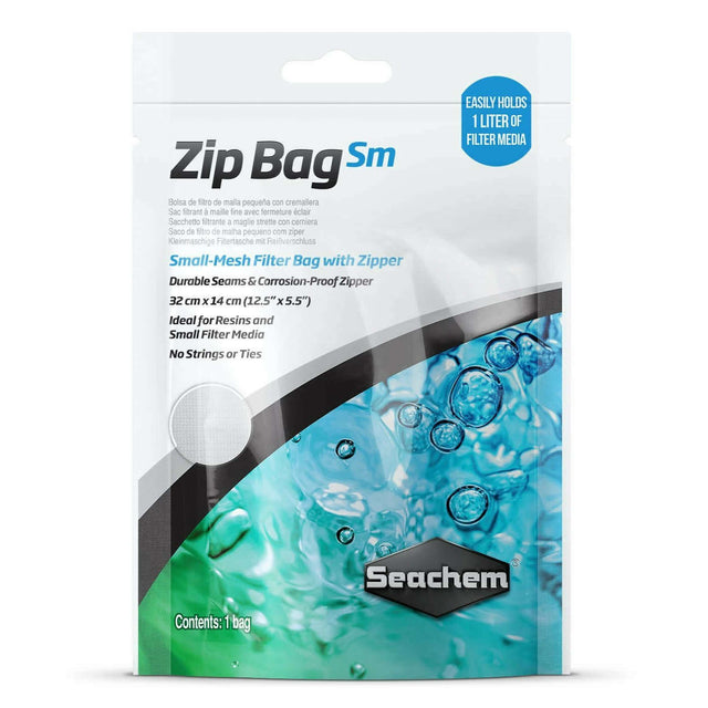Seachem Zip Bag Small for filtration media, 32 cm x 14 cm, durable mesh with corrosion-proof zipper, ideal for resins and small media.