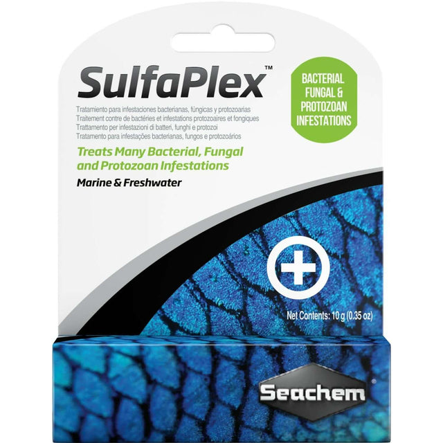 Seachem SulfaPlex 10g packaging for treating bacterial, fungal, and protozoan infestations in marine and freshwater aquariums.