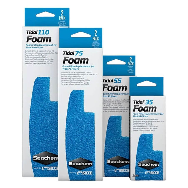 Seachem Tidal Foam Replacement sponges for 35, 55, 75, and 110 filters in packaging, ensuring effective mechanical filtration.