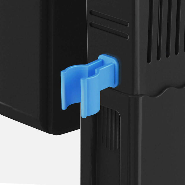 Close-up of the blue latch on the Seachem Tidal Power Hang-On Filter for easy maintenance and access.