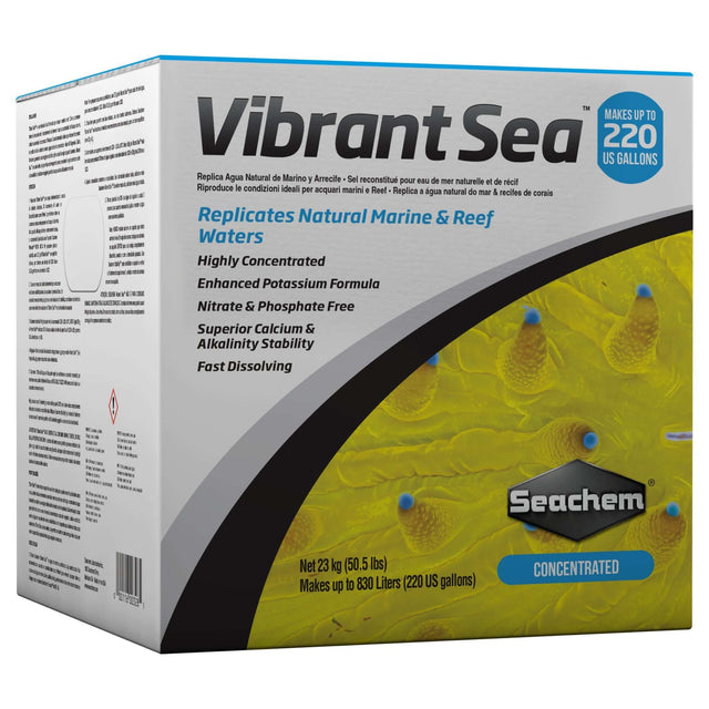 Seachem Vibrant Sea Salt box with details on marine salt mix, enhances potassium, nitrate-free, replicates natural waters.