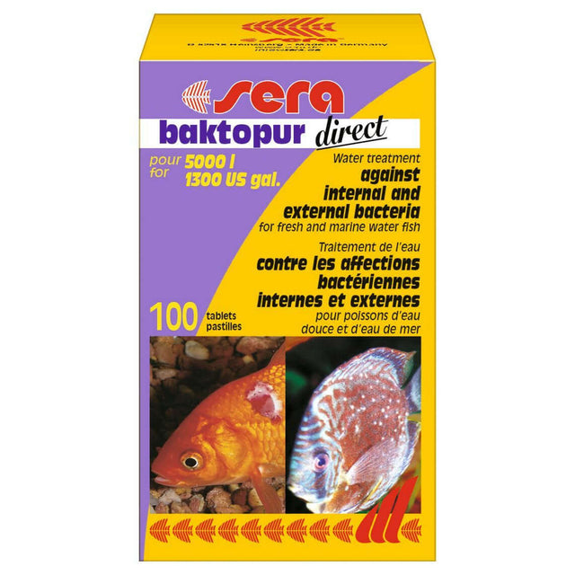 Sera Baktopur Direct Tablets box design for treating bacterial infections in freshwater and marine fish, 100 tablets.