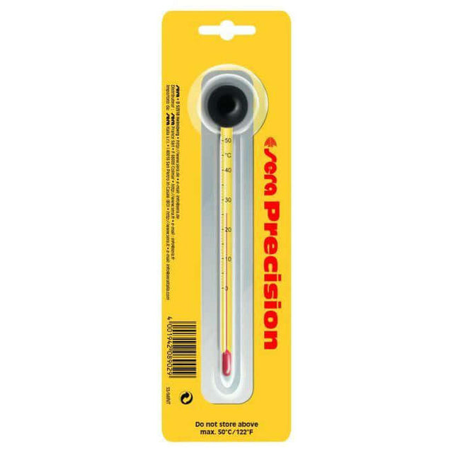 Sera Precision Thermometer in packaging with scale from 0 to 50 °C, mercury-free design and suction cup included.