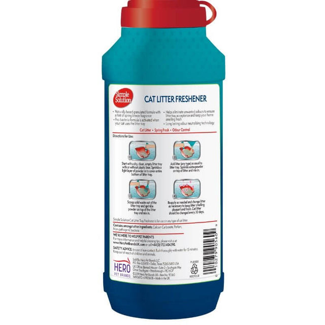 Simple Solution Cat Litter Freshener 600g bottle back view showing instructions and ingredient information.