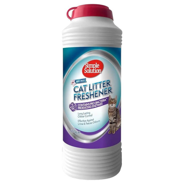 Simple Solution Cat Litter Freshener 600g bottle with pro-bacteria formula for effective odor control and stain neutralization.