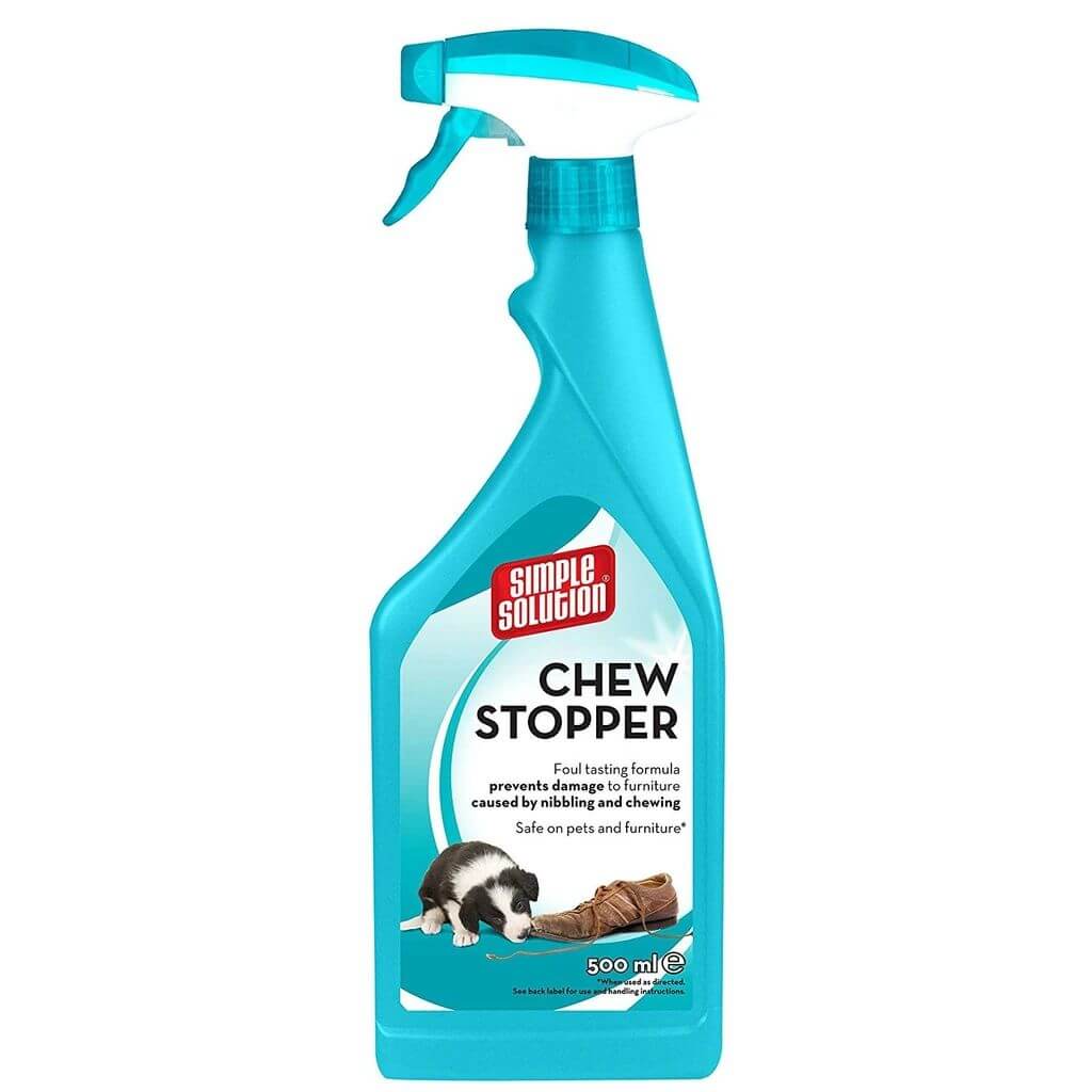 Simple Solution Chew Stopper 500ml spray bottle for preventing pet chewing and protecting furniture. Safe for use on pets and items.