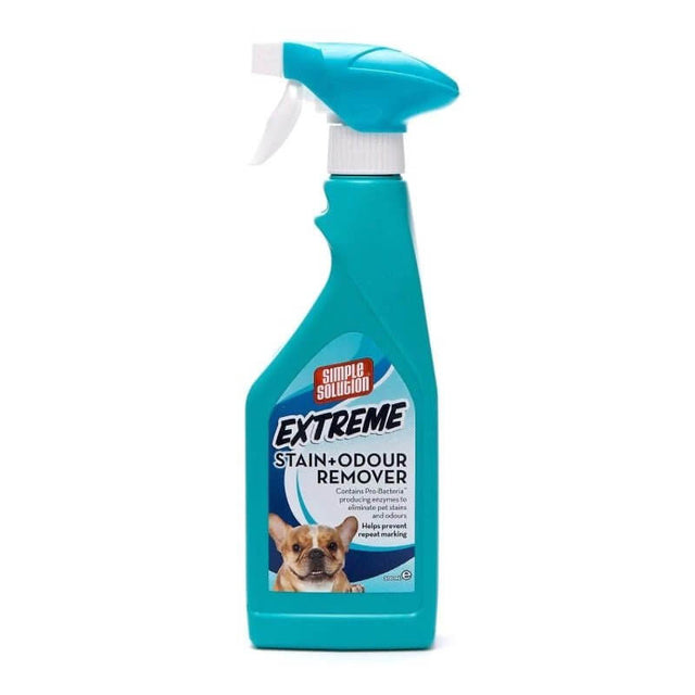 Simple Solution Extreme Stain & Odour Remover for Dogs in a 500ml spray bottle, designed to eliminate tough pet stains.