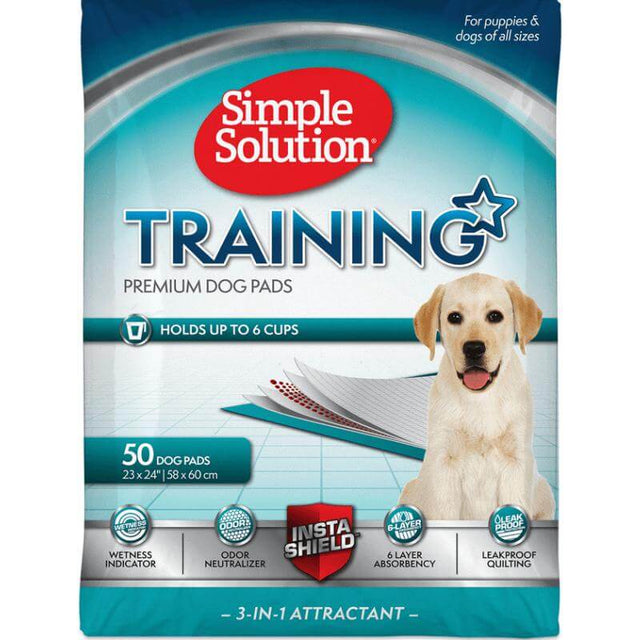 Simple Solution Training Pads package featuring absorbent dog pads for effective potty training for all dog sizes.