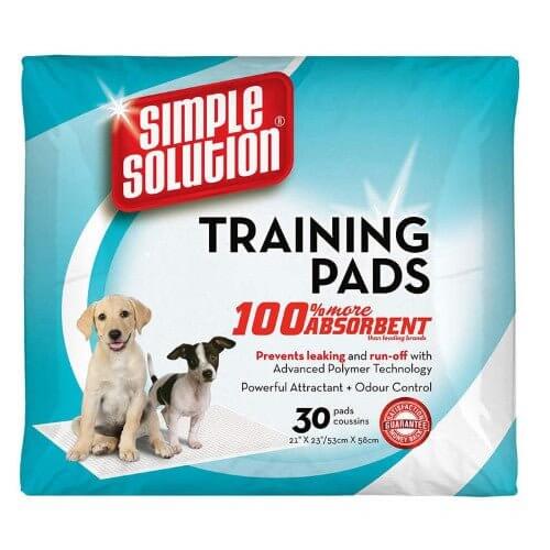 Simple Solution Puppy Training Pads packaging showcasing its 100% absorbency and odor control features with two adorable puppies.