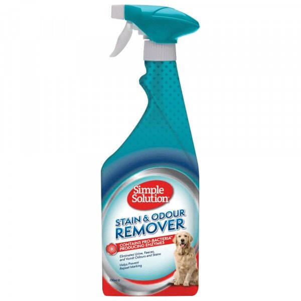 Simple Solution Stain and Odour Remover for Dogs in a 750ml spray bottle, safe for pets and kids, effective stain removal.