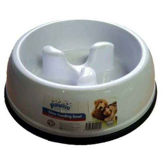 White slow feeding pet bowl with raised patterns to promote healthy eating habits in dogs.