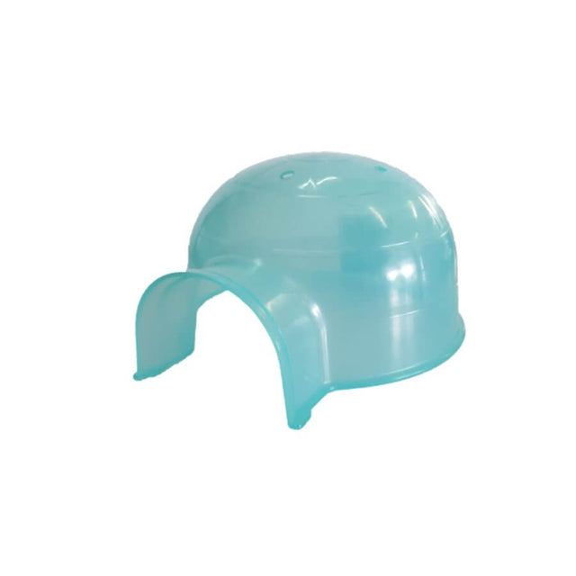 Small animal hide-out castle in transparent blue plastic, ideal for hamsters and rodents to nest safely.
