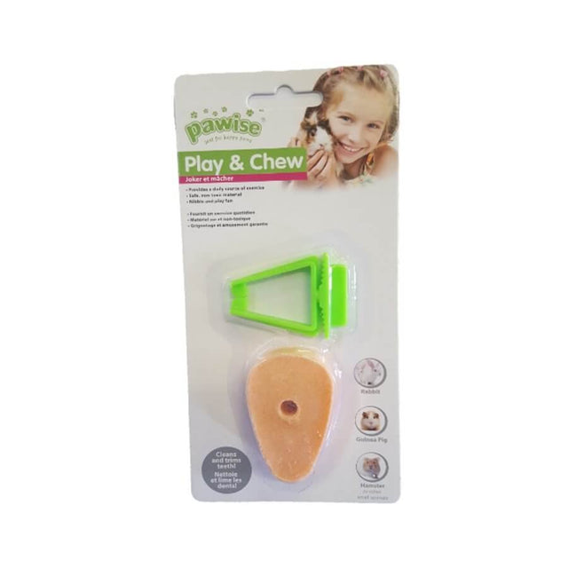 Small Animal Play & Chew Carrot Toy with Clip, ideal for rabbits and guinea pigs, promotes dental health and exercise.