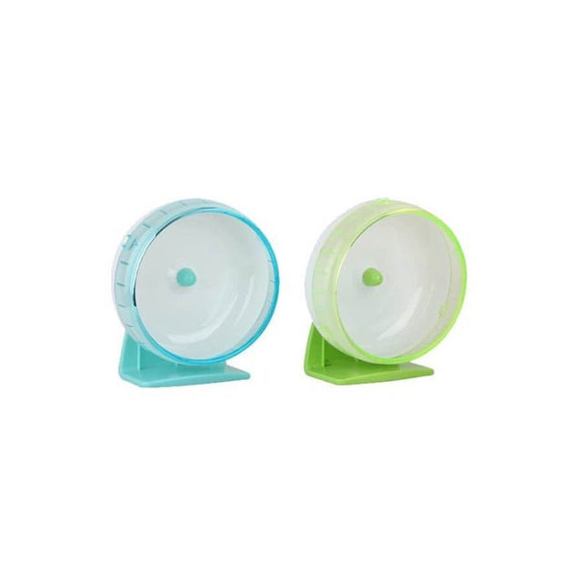 Small Animal Silent Spinner Wheels in turquoise and green, designed for quiet exercise and suitable for mice and hamsters.