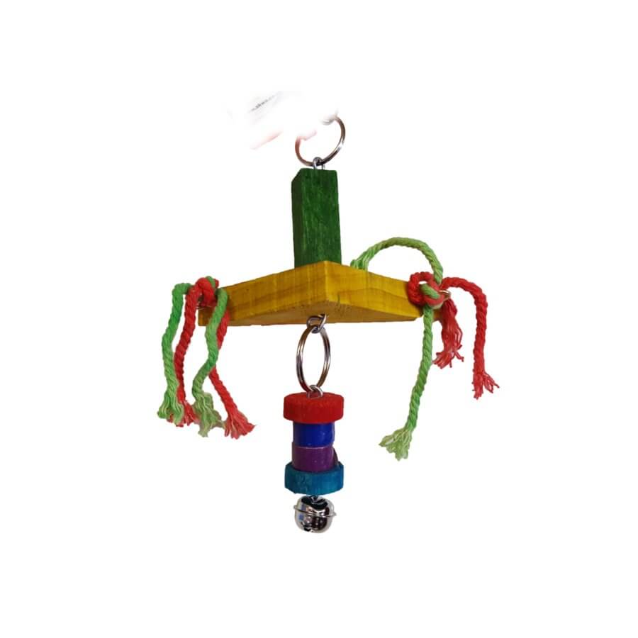 Colorful small bird toy with rope and bell, designed for entertainment and natural play. Made from wood and durable materials.