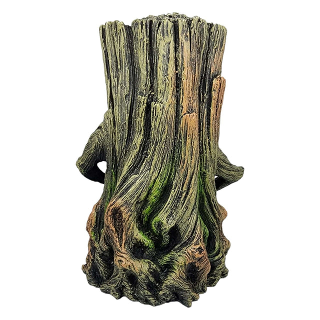 Smiling Tree Stump Ornament for aquarium decor, featuring detailed wood texture and cheerful design, 14 x 11 x 19cm.