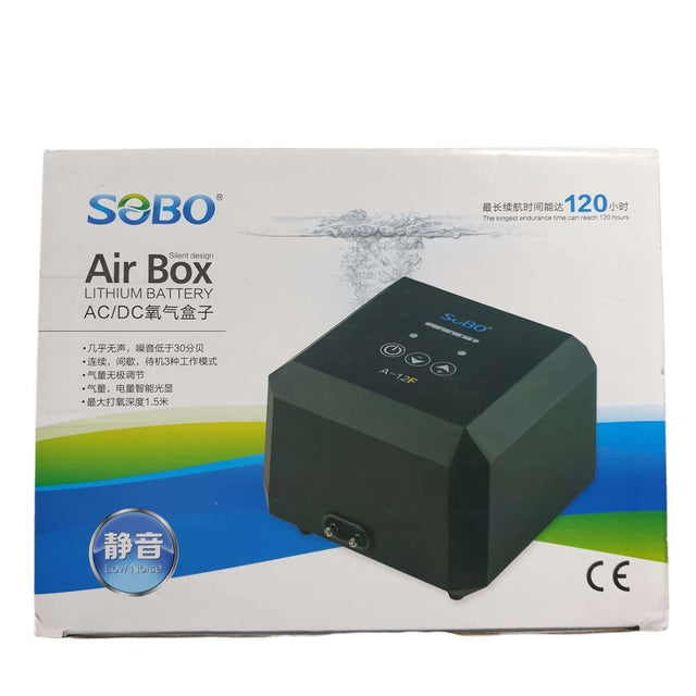 SOBO AC/DC Lithium Rechargeable Air Pump A-12F packaging with features and specifications displayed.