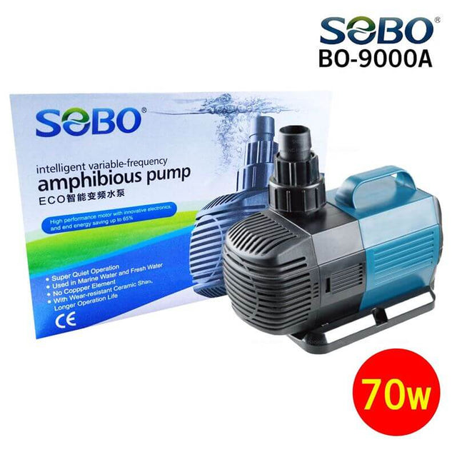 SOBO BO-9000A amphibious water pump with 70W, designed for marine and freshwater use, featuring quiet operation and energy efficiency.