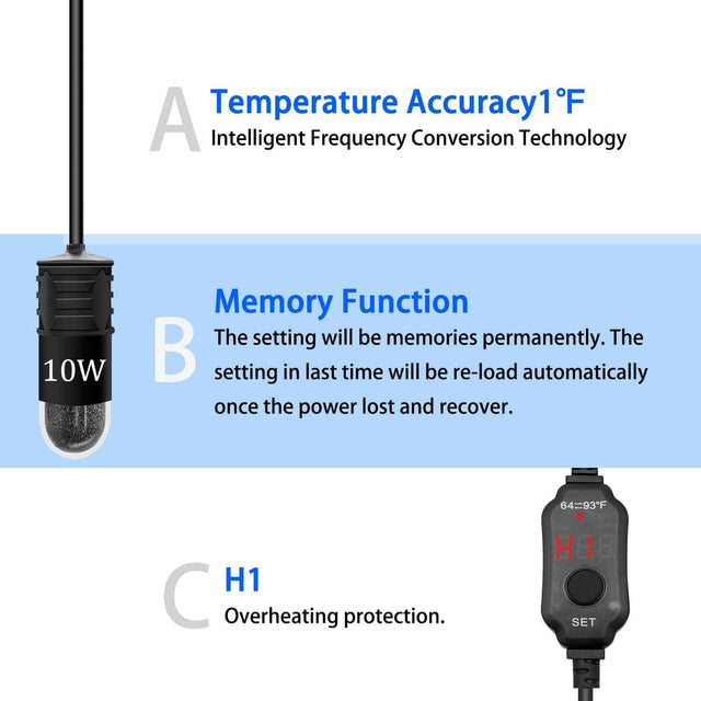 Features of SOBO 10W Mini Aquarium Heater: temperature accuracy, memory function, and overheating protection.