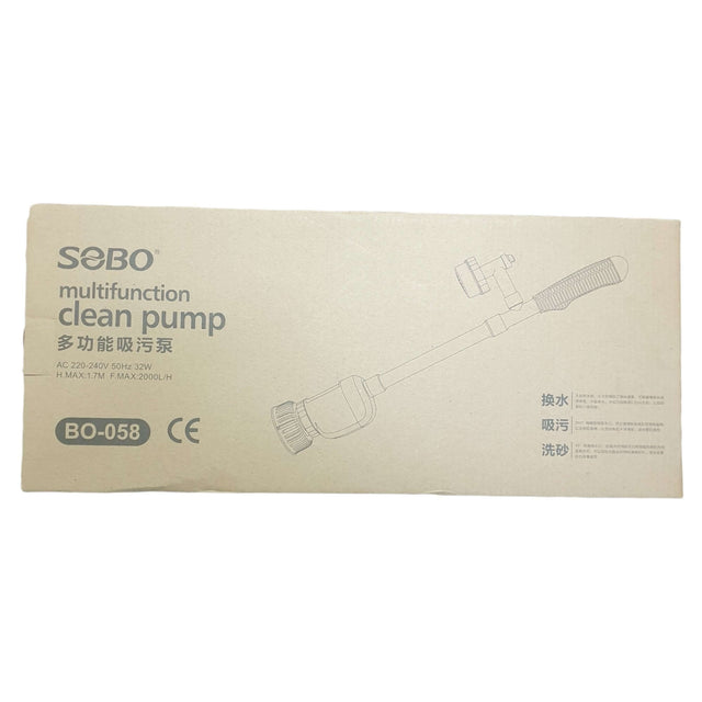 SOBO Multifunctional Aquarium Cleaner BO-058 packaging box showcasing features and specifications.