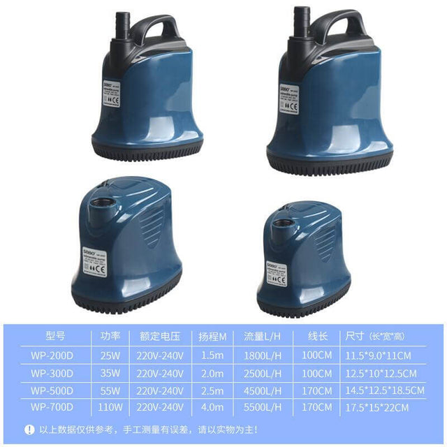 SOBO D-Series Submersible Water Pumps WP-200D, WP-300D, WP-500D, WP-700D with specifications and dimensions.