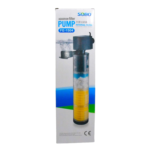 SOBO FE Series Internal Aquarium Filter Pump FE-1504 in packaging, showcasing its design and features for efficient water filtration.