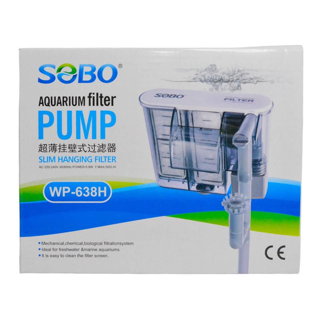 SOBO Hang On Back Filter WP-638H packaging for efficient aquarium filtration system. Ideal for freshwater tanks.