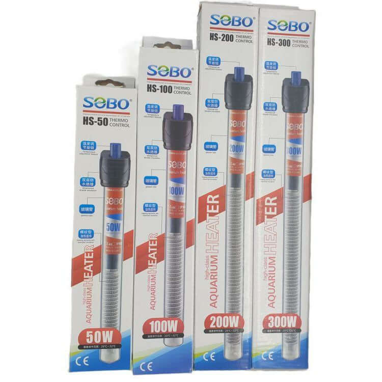 SOBO HS Series aquarium heaters in various wattages (50W, 100W, 200W, 300W) with temperature control features.